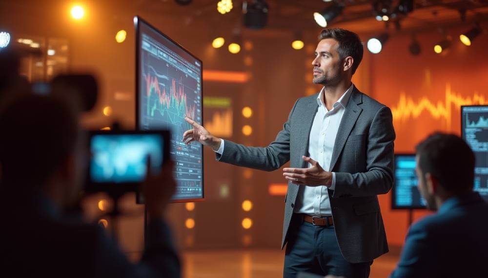 Presenter explaining disruptive tech marketing strategy on video.