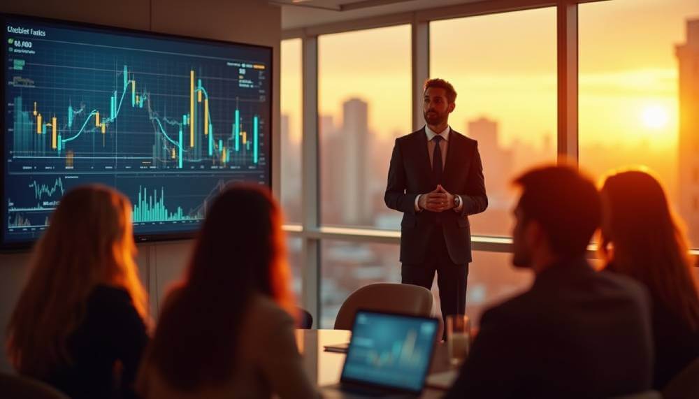 Team presentation analyzing market data for disruptive B2B technology strategy